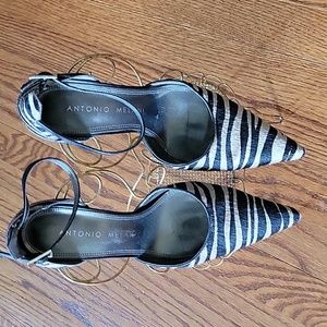 Antonio Melini Zebra print doorway ankle strap pump. 3" heel, leather sole.